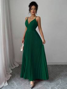 Elenzga Vestido de mujer elegante y sexy con espalda descubierta y cordones - Verde - Ver 4