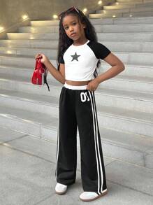 SHEIN 返校季少女撞色松紧腰抽绳数字印花宽松直筒休闲裤，百搭又时尚