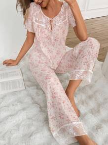 Conjunto de pijama feminino com calça de manga curta e renda contrastante mini ditsy floral - Damasco - Ver 3