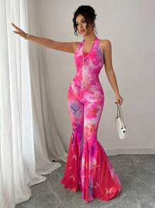 Elenzga Lace Jumpsuit With Floral Print And Gold Chain Necklace (Random Cut) Halter Jumpsuits For Women Jumpsuits For Women Summer Tie Dye Jumpsuits For Women Wide Leg Jumpsuits For Women