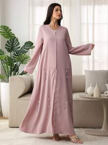 Al Najma 女士宽松优雅刺绣黑色休闲长袍 - 粉色 - 查看 6