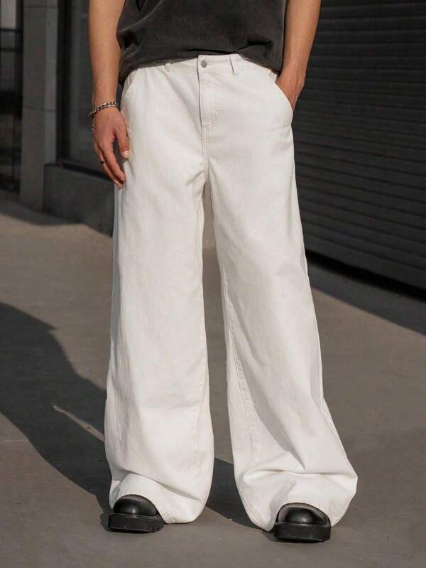 Manfinity Hypemode Pantalones vaqueros de pierna ancha de unicolor versátil y casual para hombres de talla grande