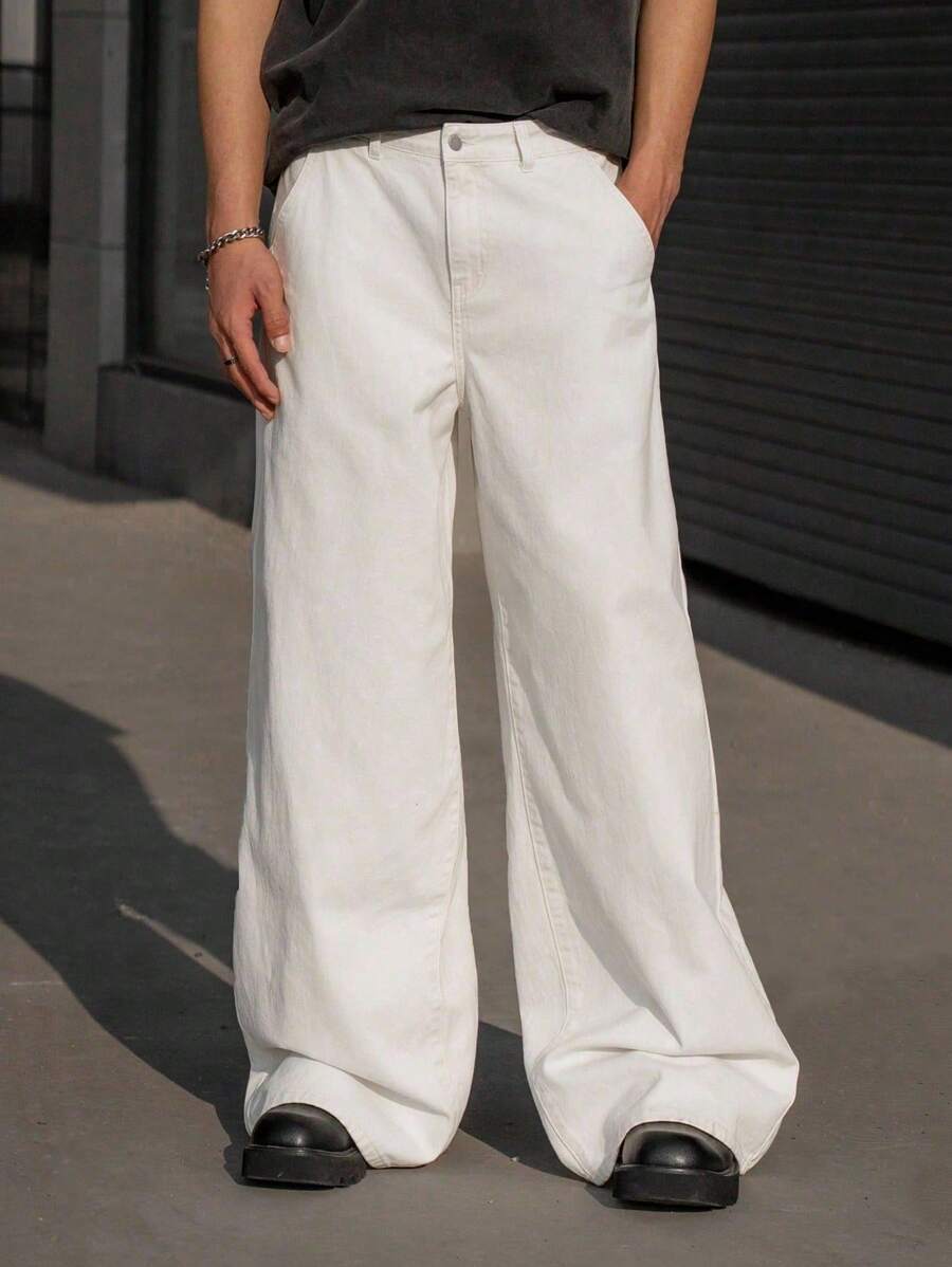 Manfinity Hypemode 大码男士休闲百搭纯色阔腿牛仔裤 - 杏色 - 查看 1