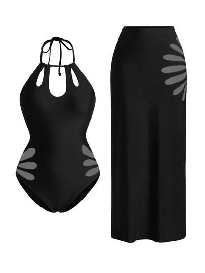 Swim Oasis 1件套女士高级优雅花卉烂花网眼裙套装