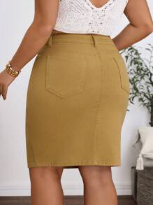 EMERY ROSE Plus Size Casual Holiday Solid Washed Denim Mini Skirt - Khaki - View 2
