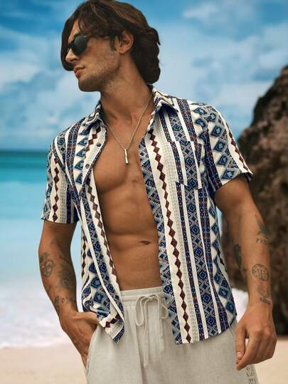 HIMLAND 男士编织休闲度假夏季几何印花短袖衬衫，适合度假、海滩