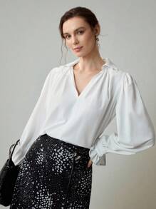 Uhlyne Women's Business Casual Blouse, Minimalist Office Wear, Loose Fit Comfortable Pullover Shirt With Flared Cuffs, Long Sleeve, Pure White - White - View 3