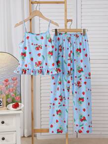青少年女孩蓝色基础简约时尚红色草莓印花吊带背心和长裤舒适两件套睡衣套装