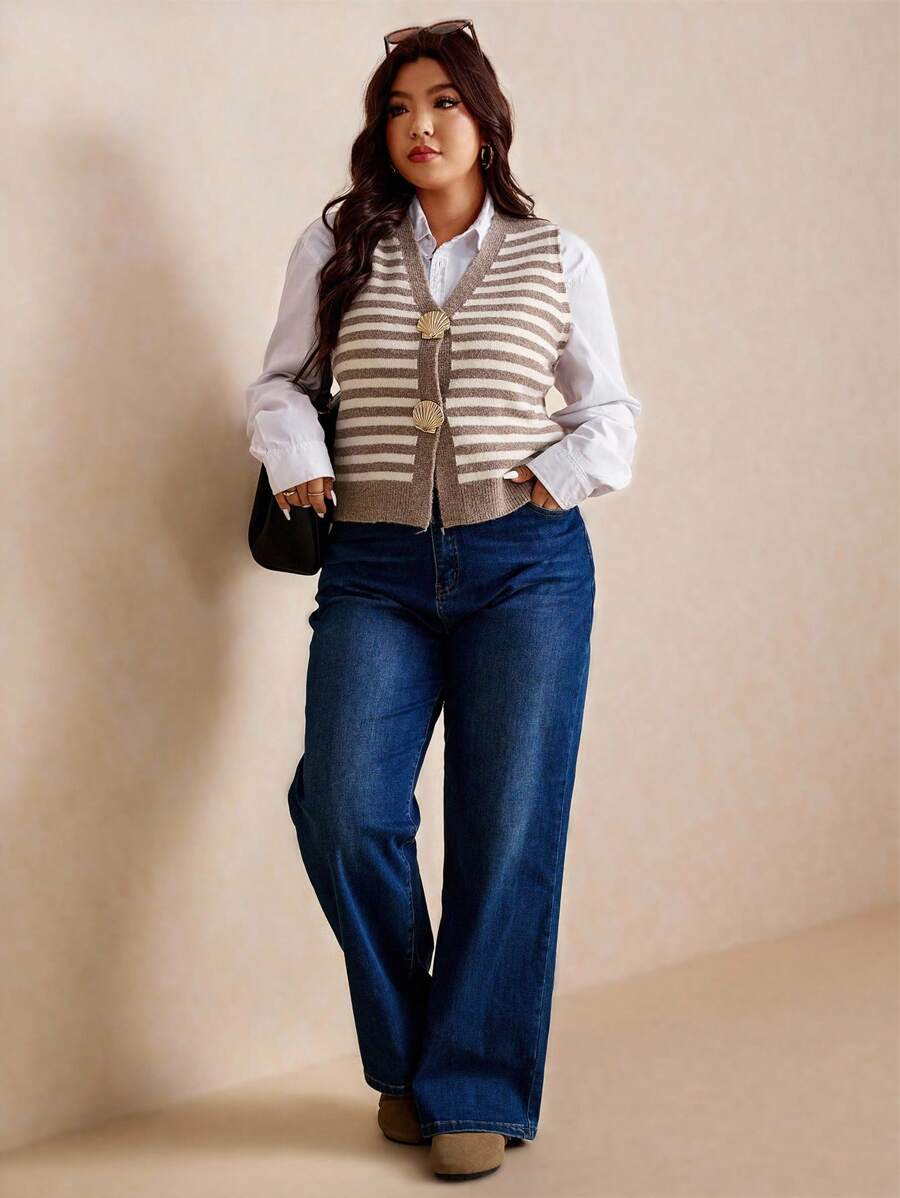 Elaquor Chaleco de punto casual a rayas con botones de nácar para mujer de talla grande - Camel - Ver 1