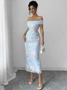 Elenzga 女士优雅露肩镂空花卉系带无袖 A 字长裙，适合外出，夏季