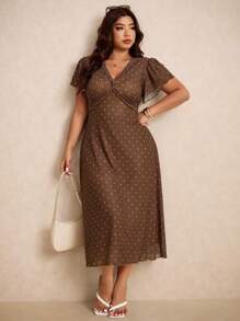 Elaquor 大码女式夏季复古简约浪漫扭纹V领波点连衣裙 - 棕色 - 查看 6