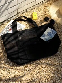 Beach Bag, Mesh Beach Bag Oversized Beach Tote 8 Pockets Beach Towel Bag Hollow Out - Multicolor - View 6