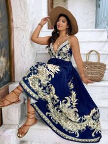 SHEIN LUNE Đầm Maxi Chữ A Cổ Chữ V Sâu In Họa Tiết Cổ Điển Cỡ Lớn, Phù Hợp Đi Chơi, Đi Nghỉ, Hẹn Hò, Tiệc Tùng - Nhiều màu - Xem 5