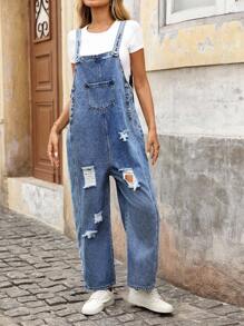 EMERY ROSE Women's Pocket Distressed Wide Leg Loose Casual Denim Jumpsuit - Blue - View 7