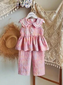 SHEIN Vintaside Kids Young Girl Summer Casual Peter Pan Collar Blouse And Pants Set