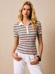 Poéselle Women Striped Polo Neck Short Sleeve Casual Versatile T-Shirt