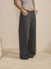 Aralina Winter / Summer Denim Black Wash Forward Seam Barrel Leg Jean - Dark Wash - View 3