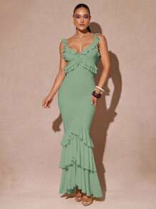 Silquee Elegantes Lässig Minikleid mit einfarbigem Rüschen-Saum und tiefsitzendem Rückenausschnitt