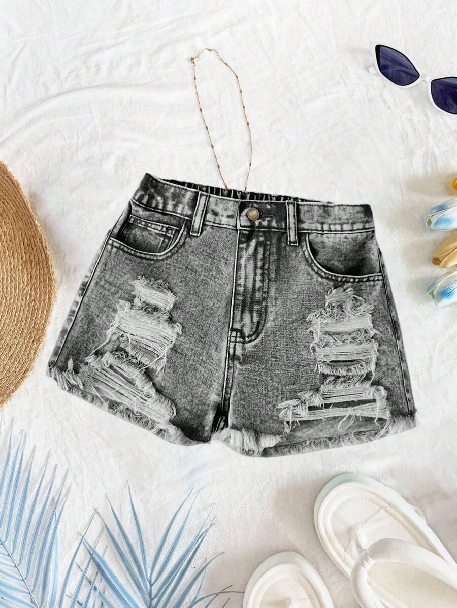 SHEIN Tween Girl Y2K 春夏假期水洗高腰破洞毛边牛仔短裤，毛边下摆，夏季海滩波西米亚风度假短裤，夏季音乐会节日休闲狂欢，女孩夏季早午餐毕业 - 深灰色 - 查看 1