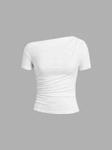 Ellevyn Áo thun dệt kim co giãn tay ngắn hở vai bất đối xứng màu trơn thanh lịch dành cho nữ, mùa xuân/hè - Nhiều màu - Xem 7