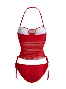 Swim Basics 2pcs Women's Tankini Set: Solid Color Tankini Top And Triangle Bottom For Summer Beach Vacation - Red - View 2