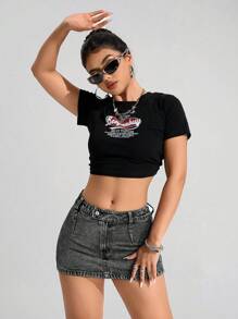 SHEIN PETITE 女士休闲百搭牛仔紧身迷你裙 - 黑色 - 查看 5