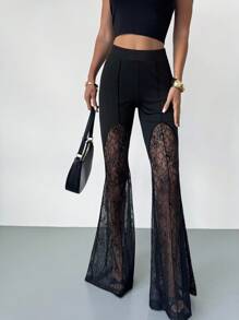 Firerie Pantalones de gasa ajustados y acampanados con parches de encaje elegantes, sexys y de cintura baja para vacaciones, graduación, festival de música y ciudad, verano