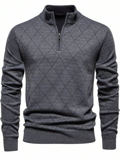 Manfinity Mode Men Plus Size Half Zipper Argyle Print Casual Long Sleeve Pullover Sweater, Fall/Winter