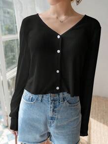 DAZY Solid Color V-Neck Slim Fit Short Crop Top Long Sleeve T-Shirt Summer - Black - View 5