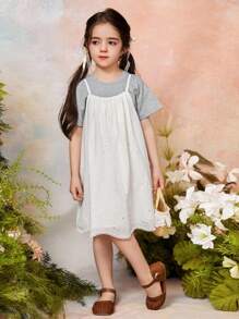 DAZY 2pcs/Set Young GirlSpaghetti Strap Mesh Dress & Casual Short Sleeve T-Shirt - Apricot - View 4