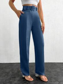 EURMUSE Women High Waisted Straight Leg Casual Suit Pants With Toothpick Stripe Design - Dusty Blue - View 5