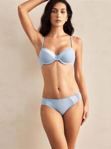 Charlaine Bộ áo ngực dây vải twill màu trơn của Pháp - Màu xanh nhạt - Xem 4