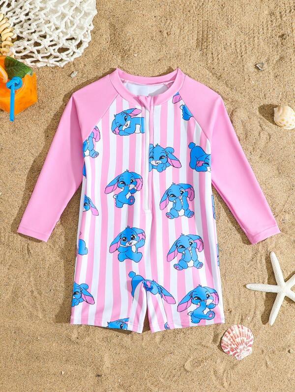 New Fashion Girls Pink Cute Rabbit Print Splice Solid Color Sleeve One-Piece Swimsuit Jumpsuit