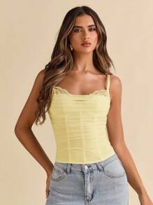 SHEIN BAE Áo hai dây màu hồng phấn trơn, thích hợp mặc mùa xuân thu đông, kiểu dáng thanh lịch lãng mạn với phần ren phối quanh eo, phù hợp cho nữ, dịp Lễ Tình nhân, dự tiệc, hẹn hò, làm phù dâu, biểu diễn khiêu vũ, hoặc mặc thường ngày. - Màu vàng - Xem 1