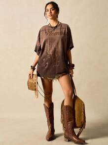 Easelle Women's Fashion Boho Round Neck Batwing Sleeve Coffee Brown Knit T-Shirts With Print For Summer Outfits Western Nomadic Graphic Tees