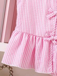 SHEIN 2pcs/Set Tween Girls Sleeveless Shirt With Bow Buttons & Extended Pants Outfit Fall Winter - Baby Pink - View 6