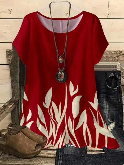 EMERY ROSE Blusa casual de mujer con estampado de hojas de plantas de manga corta y cuello redondo, adecuada para el verano y para salir, blusas elegantes para mujer, casual