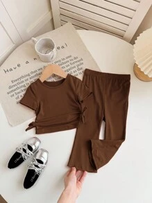 SHEIN LMoss Kids 2pcs Baby Girl Cute Knitted Brown Short Sleeve Top And Flared Pants Casual Set Baby Girl Brown Outfit Toddler Girl Brown Clothes Brown Baby Girl Summer Set Baby Girl Brown Two Piece Set Toddler Girl Brown Summer Outfit - Brown - View 6