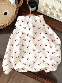 SHEIN 米白色复古迷你樱桃图案女宝宝休闲宽松柔软针织连帽卫衣舒适简约适合秋冬