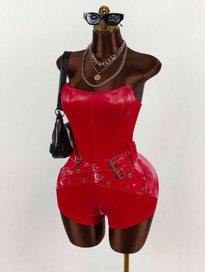 Amplova 无袖金属眼腰带装饰连体短裤