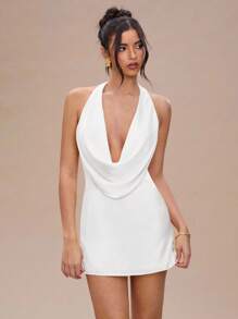 SHEIN BAE 极简主义黄色低胸性感露背缎面迷你连衣裙，适合婚礼季节 - 白色 - 查看 1