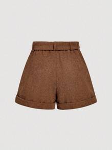 SHEIN MOD Pantalones cortos de pana de talle alto con pierna doblada para mujer, color marrón, para conciertos campestres, lindos, ropa occidental para mujer, vacaciones, vintage, escuela, otoño, ropa urbana, estilo "old money" para mujer, maestro, oficina, trabajo, vuelta al colegio, aeropuerto