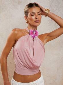 COSMINA Women's 3D Flower Satin Applique Backless Halter Neck Sexy Camisole Top - Pink - View 7