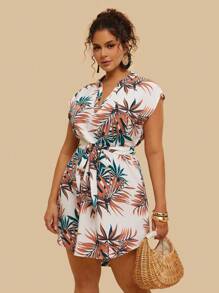 SHEIN VCAY 大码波西米亚风度假热带印花短袖连衣裙，适合夏季 - 彩色 - 查看 4
