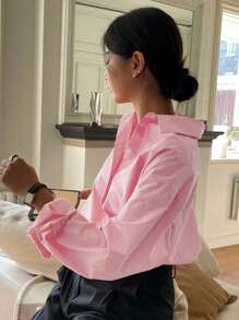 DAZY Solid Color Front Button Casual Versatile Loose Long Sleeve Shirt - Baby Pink - View 2