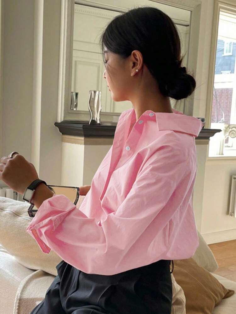 Solid Color Front Button Casual Versatile Loose Long Sleeve Shirt