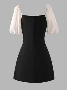 Teen Girls Contrast Color Chiffon Fitted Dress, Square Neck Collar, Bowknot Decor Mini Dress, Back To School Campus Outfit, All Season - Black - View 2