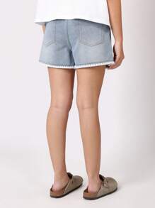 SUMWON 钩针装饰中长款牛仔短裤青少年女孩夏季休闲沙滩节宽松破洞裤 - 淺藍色 - 查看 4