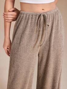 Spring Affair Loose Solid Color Rib Knit Drawstring Wide Leg Jersey Stretchy Pants, Airport Street Wear, Fall