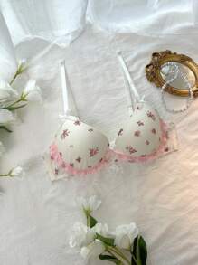 DelicateAllure Sujetador con decoración de lazo, doble capa y orilla en forma de pastel, de malla con estampado floral pequeño, romántico y lindo, estilo kawaii